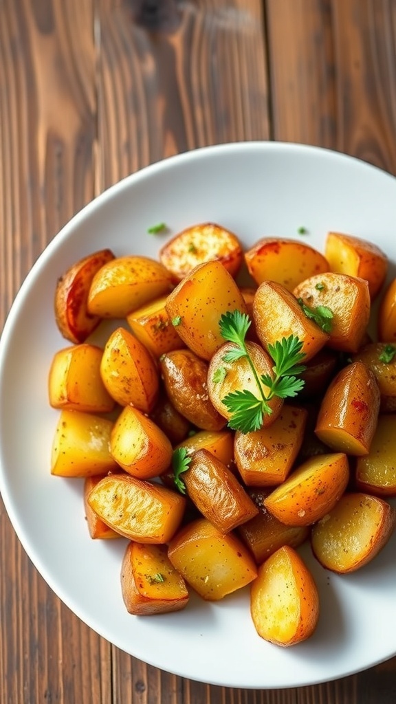Golden roasted seasoned potatoes garnished with parsley on a rustic wooden table.